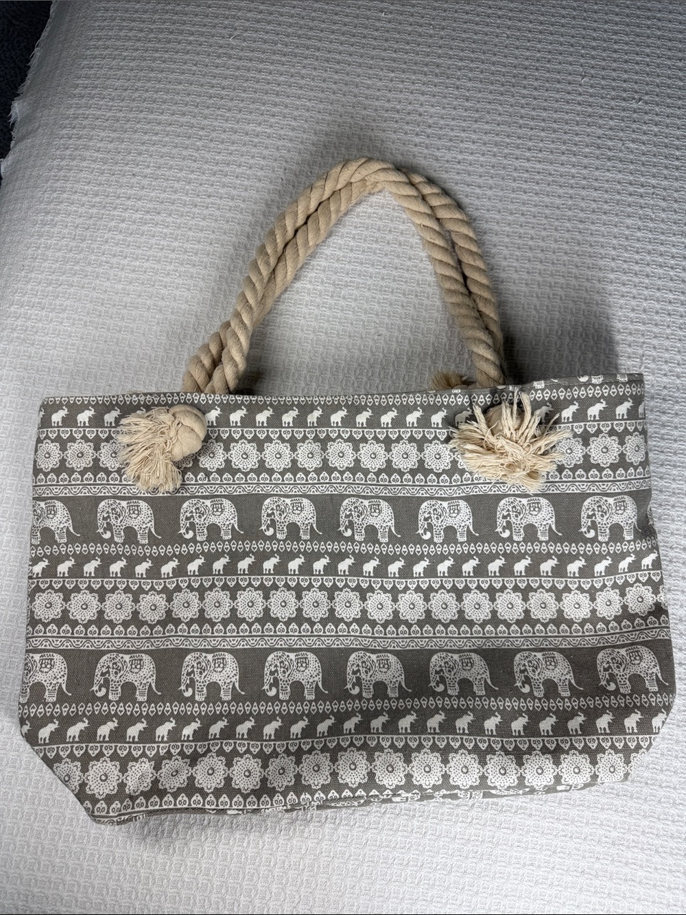 Neutral Elephant Print Rope-Handle Beach Tote